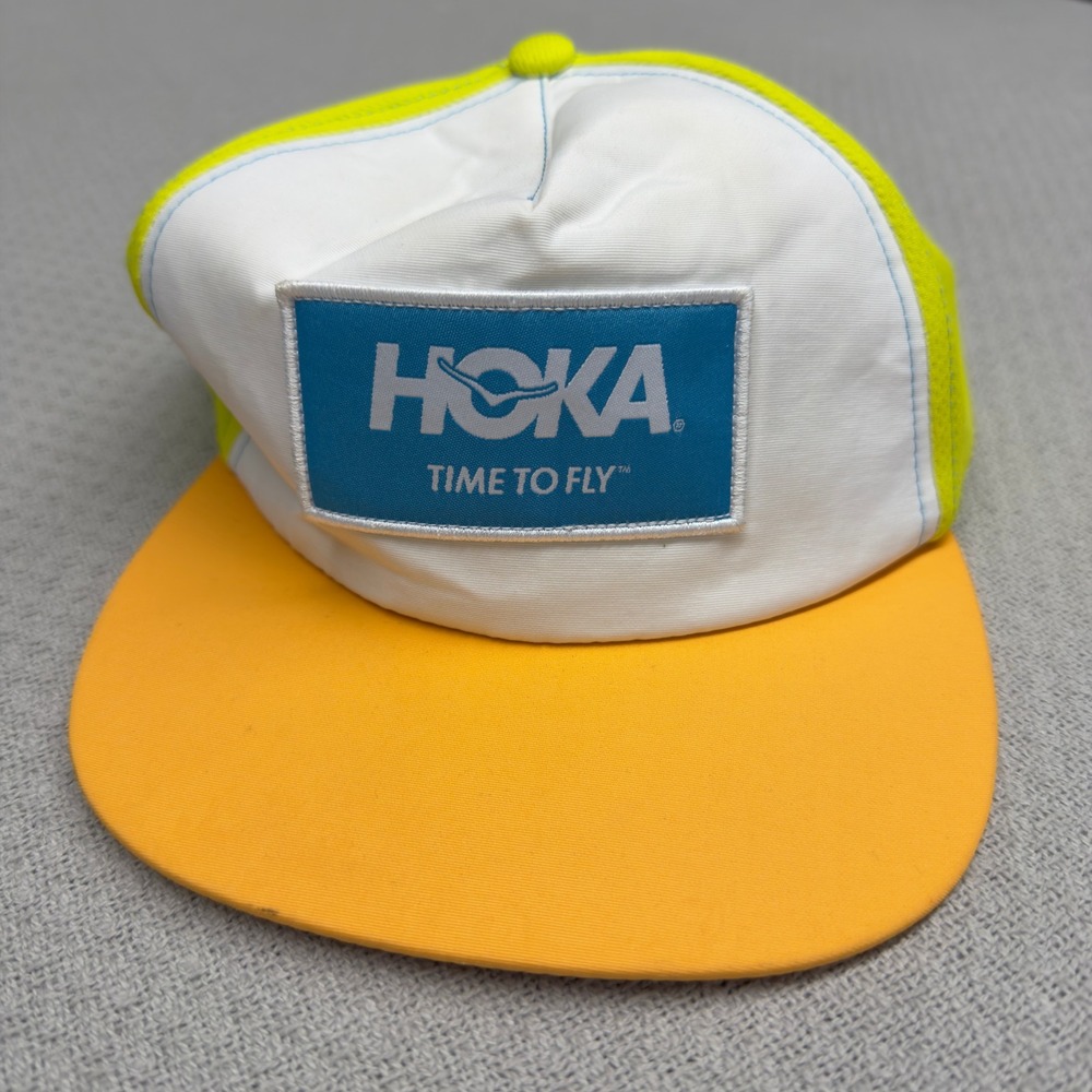 Hoka One One Time To Fly Running Hat Neon Yellow White Nylon Adjustable Cap